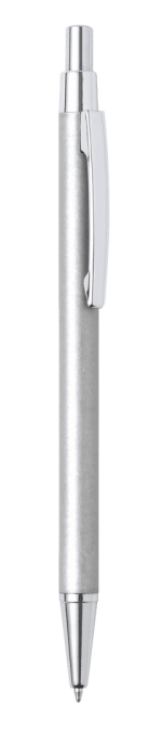 A silver metal pen with a clip and a pointed tip, featuring a branding logo.