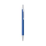A blue metal pen with a chrome clip and a sleek design, featuring a branding logo.