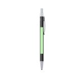 A black metal pen with a green accent and a silver clip, featuring a logo.