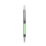 A metal pen featuring a black body, chrome accents, and a green panel for branding.
