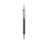 A metal pen with a sleek black body, silver accents, and a green highlight. It features a branding logo.