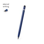 A blue stylus pen with a pointed tip and a soft touch end, featuring a logo.