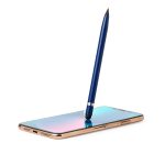 A blue stylus pen is resting on the screen of a smartphone, featuring a sleek design and a pointed tip.