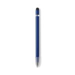 A blue stylus touch pencil with a silver band and a transparent tip. It features a logo on the body.