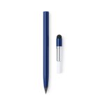 A blue stylus pen with a pointed tip and a small detachable stylus head, featuring a simple design and a logo.