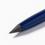 A blue stylus pen with a pointed black tip, featuring a sleek design and a logo on the surface.