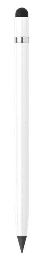 A white stylus pen with a black tip and a silver accent band. Features branding on the pen.