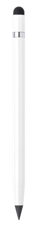 A stylus pen in white with a rubber tip on one end and a fine point on the other. The pen features a sleek design.