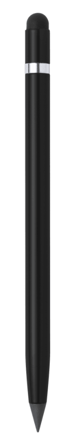 A black stylus pencil with a silver band near the tip and a rounded top. It features a logo on its body.