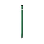 A green stylus touch pencil with a silver band and a black tip. The product has a logo on it.