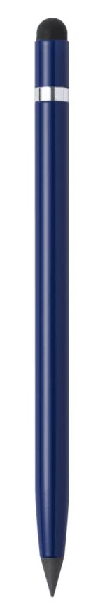 A blue stylus touch pencil with a black tip, featuring a silver band, designed for writing.