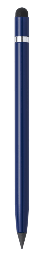 A navy blue stylus touch pencil featuring a silver band and a rubber tip, suitable for writing.