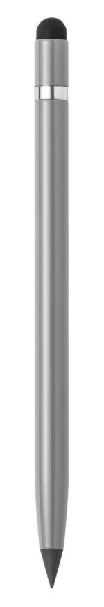 A silver stylus touch pencil with a black tip and a sleek design, featuring a logo.