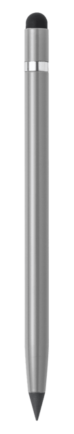 A sleek silver stylus pen with a black tip, featuring a simple design and a branding logo.