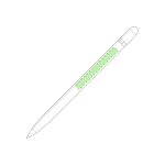 A stylus touch pencil in a clear design with a bright green grip. It features a rounded tip and a branding logo.