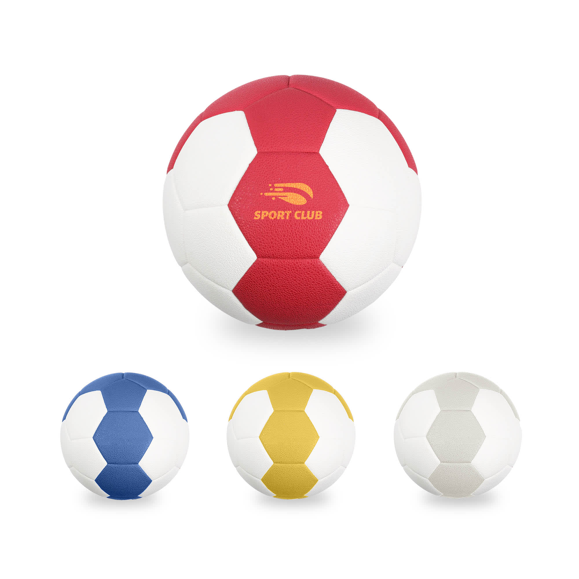 A thermal bonded handball in red and white, alongside blue, yellow, and white variants, each featuring a logo. Thermal Bonded Handball - Image 1