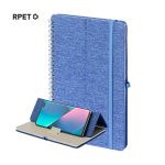 A blue spiral-bound notebook with a phone holder and a logo. The material appears textured and modern.