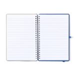 A spiral-bound notebook with lined pages, featuring a blue cover and a silver spine.