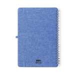 A blue spiral-bound notebook with a textured cover and a logo at the bottom. It features an elastic band closure.