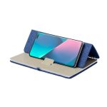 A blue notebook holder featuring a phone stand, with a light-coloured interior and a spiral binding.
