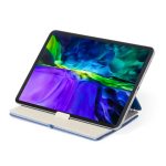 A tablet holder in blue and grey, showcasing a vibrant screen with colourful abstract patterns. It has a logo.