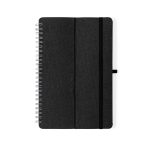 A dark grey spiral-bound notebook with a textured cover and an elastic band closure. It includes a logo.