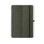 A spiral-bound notebook with a textured dark green cover and an elastic closure. It features a logo on the front.