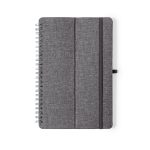 A grey spiral-bound notebook with a textured cover, featuring an elastic band and a bookmark.