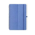 A blue spiral-bound notebook with a fabric-like cover and an elastic band closure. It features a logo on the front.