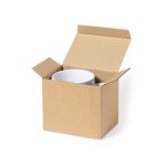A brown cardboard box with an open lid containing a white mug inside.