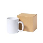 A white mug placed next to a plain brown cardboard gift box. The box has a simple design and no visible branding.