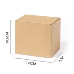 A brown cardboard gift box with dimensions 10.6 cm tall, 12 cm wide, and 9 cm deep. It features a logo.
