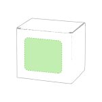 A white gift box with a green window, featuring a simple design and a branding logo.