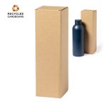 A blue drink bottle next to two brown cardboard boxes, one tall and one smaller, made from recycled materials.