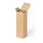 A tall, brown cardboard gift box with an open top revealing a round item inside. The box has a simple design.