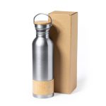 A stainless steel drink bottle with a bamboo base and a wooden lid, presented in a brown cardboard box.