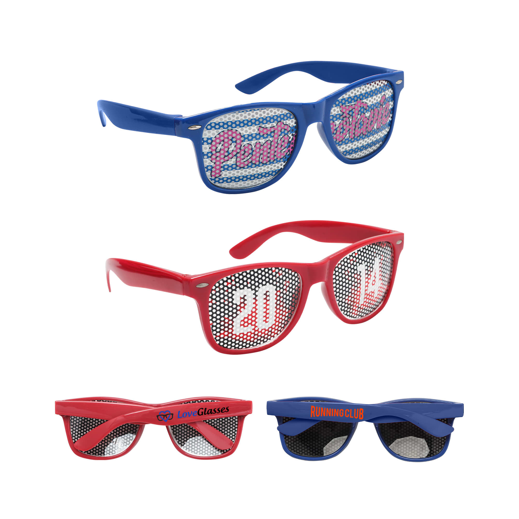 Pinhole sticker sunglasses in blue and red, featuring various designs and a logo on each pair. Pinhole Sticker Party Glasses - Image 1