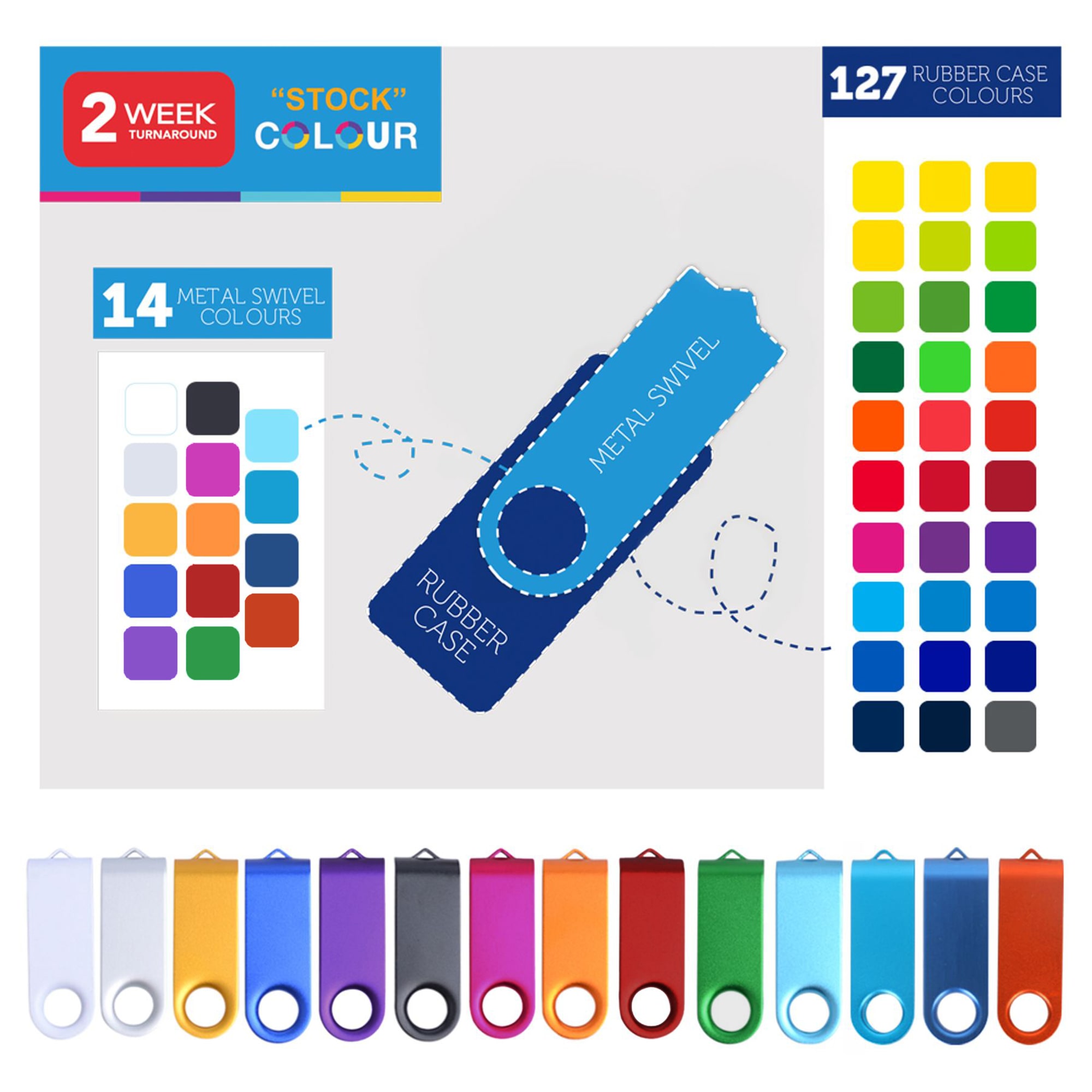 A variety of Belton Swivel Flash Drives in different colours, featuring a metal swivel and rubber casing. Belton Swivel Flash Drive - Image 1