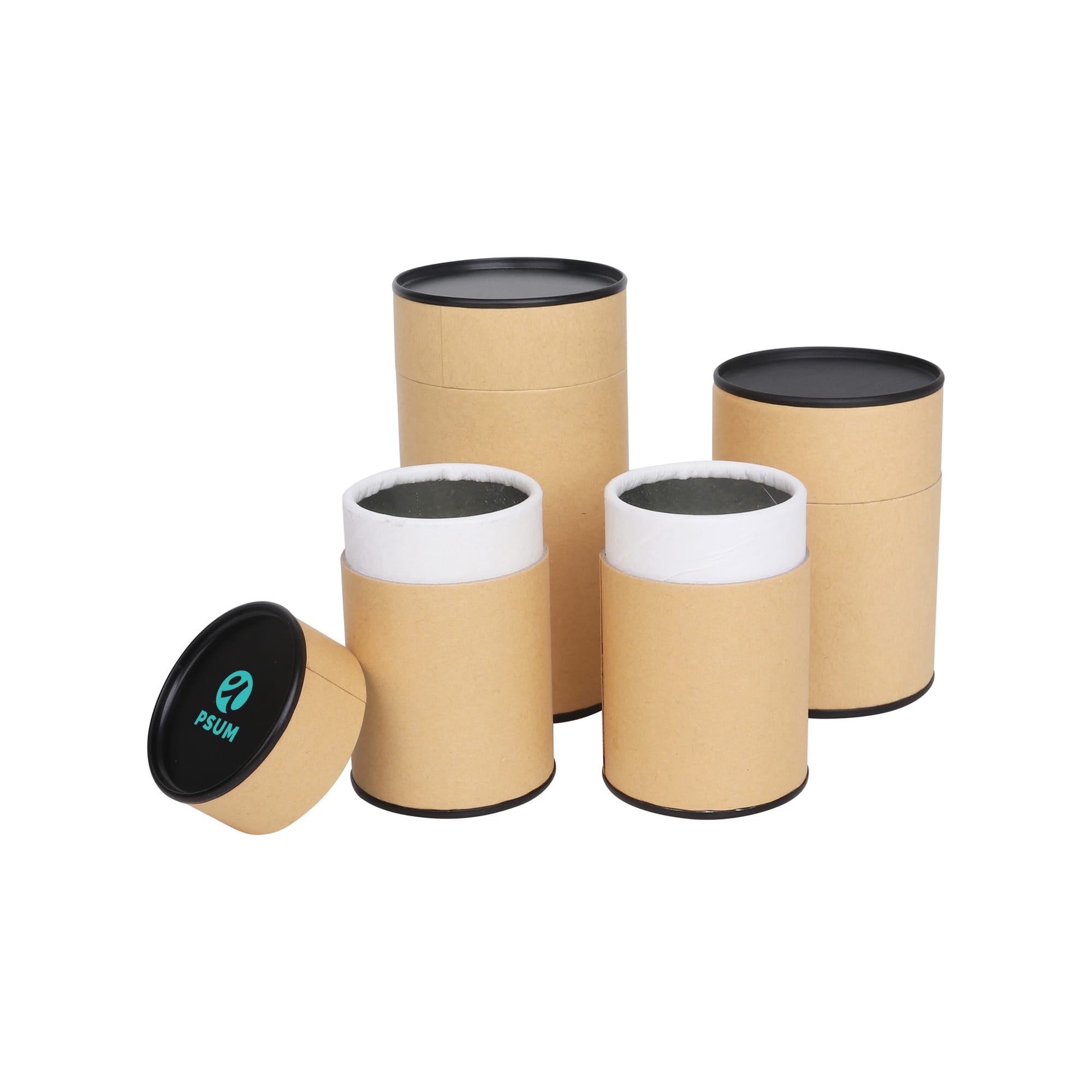 A set of large kraft paper cylinders with black lids, displayed in various sizes, showcasing a natural and minimalistic design. Large Kraft Paper Cylinders with Black Lid (65 x 130mm) - Image 1