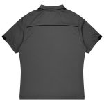A grey sports polo shirt with black accents, featuring a collar and a logo on the back.