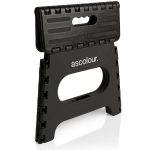 A black folding utility stool with a handle and a textured surface, featuring a logo on the front.