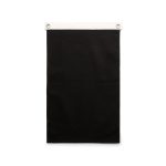 A black canvas flag featuring silver eyelets at the top for easy hanging, with a white header for added detail.