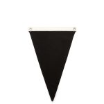 A black canvas pennant flag with a white top edge and metal eyelets for hanging.