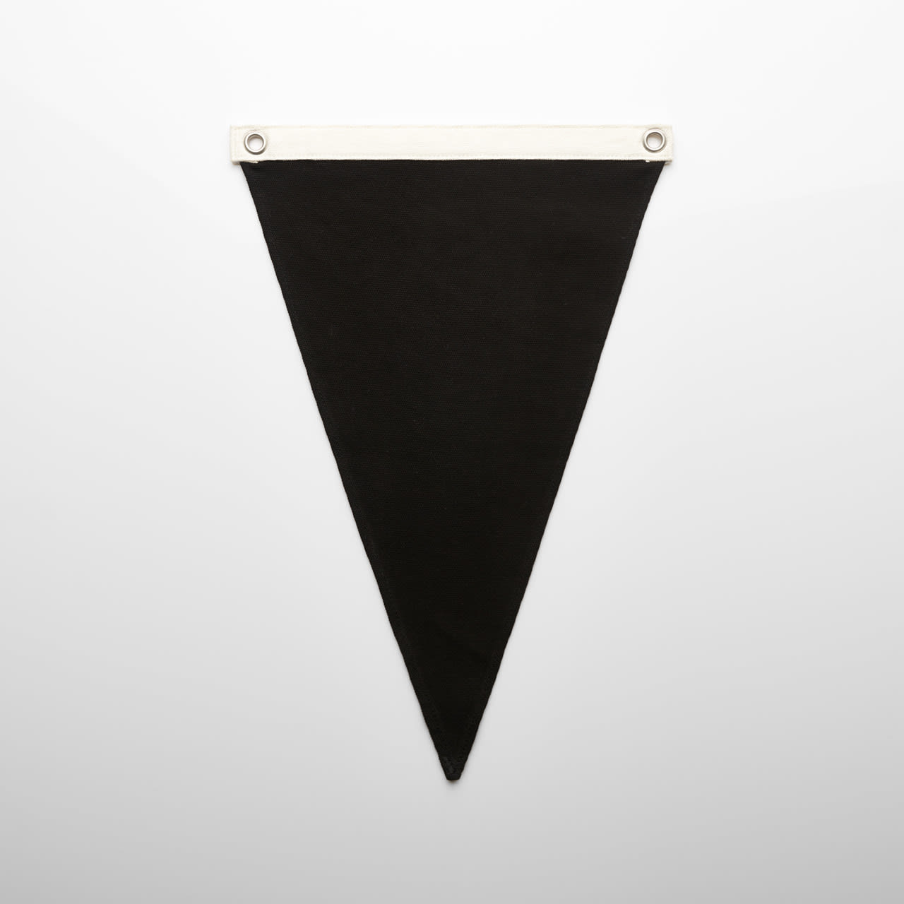 A black canvas pennant flag with a white header and eyelets for easy hanging. A black canvas pennant flag with a white header and eyelets for easy hanging.