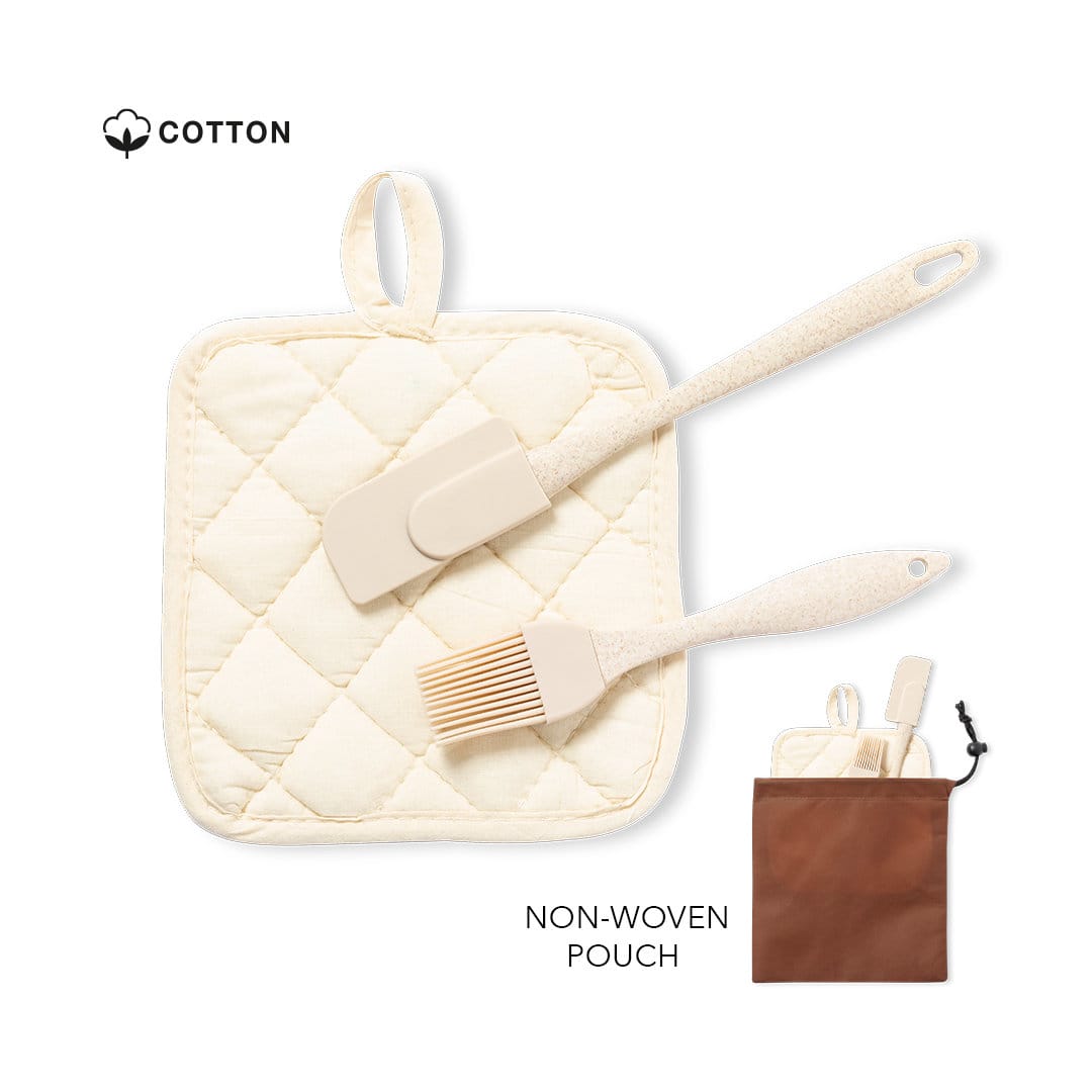 A cream quilted pot holder with two kitchen utensils in a brown pouch. The utensils have beige handles. A cream quilted pot holder with two kitchen utensils in a brown pouch. The utensils have beige handles.