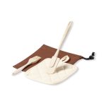 A kitchen set with a cream spatula, a wooden brush, and a brown storage pouch. Suitable for BBQ use.