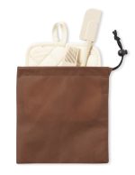 A brown pouch containing a quilted pot holder and a spatula. The set includes a string for closure.