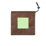 A brown pouch with a green square area, featuring a drawstring closure.