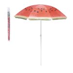 A beach umbrella featuring a watermelon design with shades of red and green, accompanied by a matching carry case.