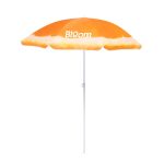 An orange beach umbrella with a white and orange gradient and a logo on the canopy. It has a white pole.